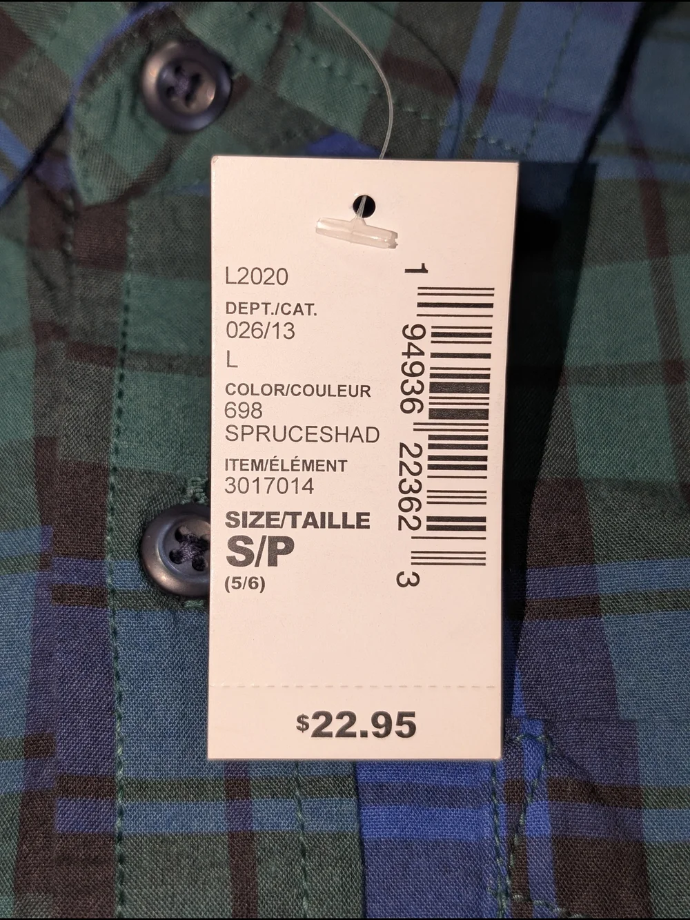 The Children's Place Boys Sm. 5/6 Blue Green Plaid Long-Sleeve Button-Down Shirt